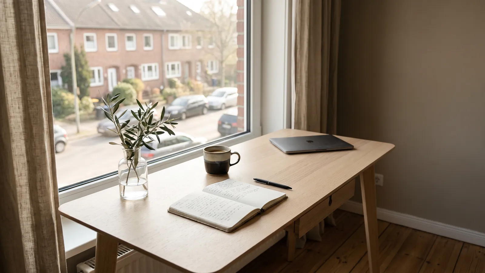 Heller Schreibtisch mit Notizbuch, Tasse und Olivenzweig vor einem Fenster auf eine Wohnstraße