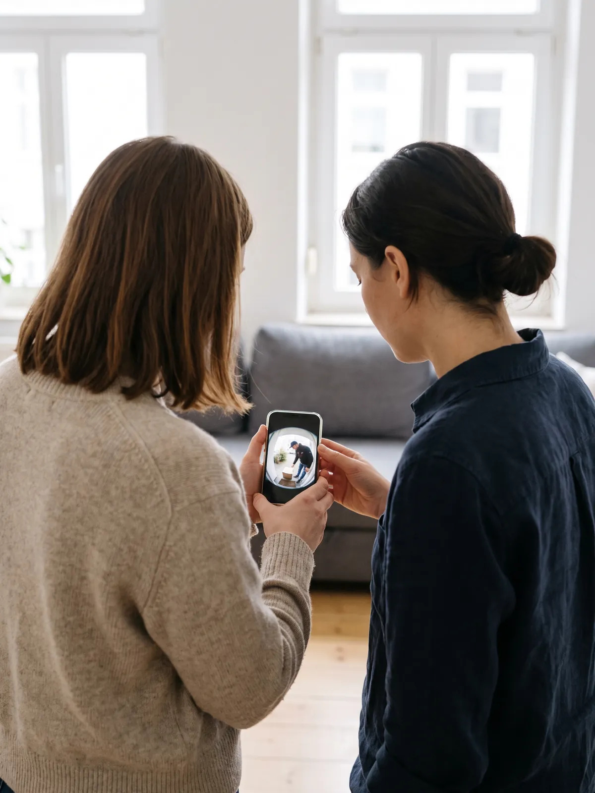 Zwei Frauen von hinten schauen auf ein Smartphone, dessen Bildschirm eine Kameraaufnahme eines Mannes zeigt