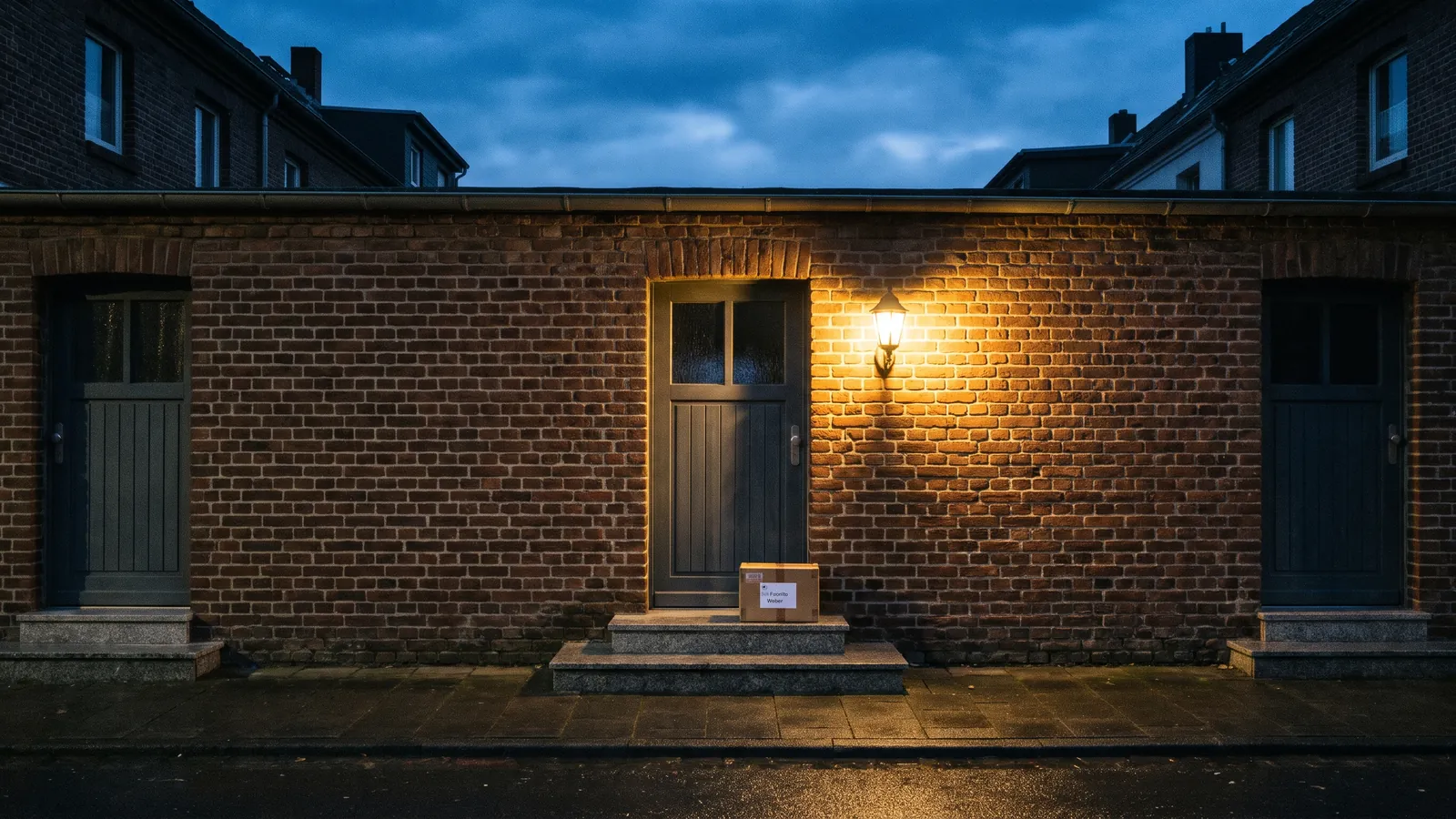 Hauseingang am Abend, eine Lampe beleuchtet die Stufe und ein Paket vor der Tür